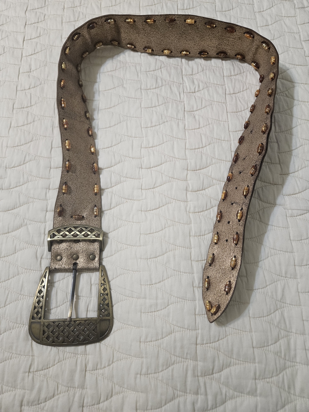 Vintage Metallic Taupe Y2k Women's Studded Belt with Gold Bead Accents